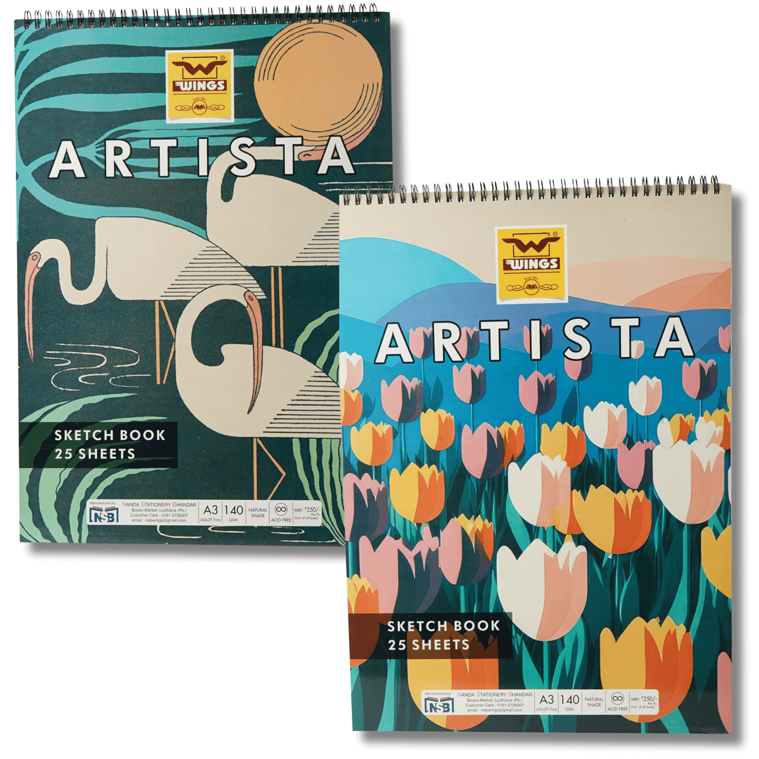 Wings ARTISTA A3 Sketchbook, 140 GSM Spiral-Bound (Set of 2) 25 Sheets Each | Sketching and Drawing Acid Free Paper, for Doodling, Both Dry and Wet Media (Color - Natural Shade)