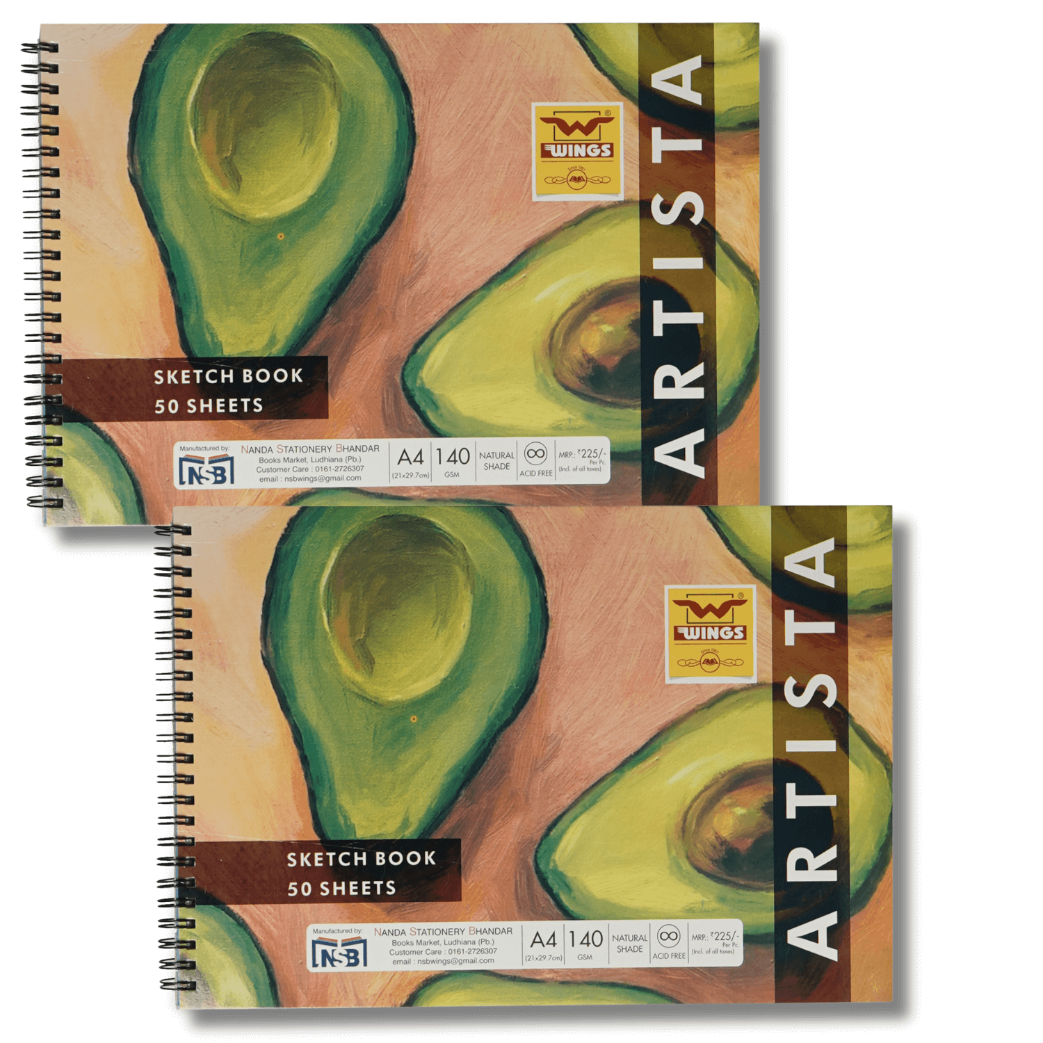 Wings ARTISTA A4 Sketchbook, 140 GSM Spiral-Bound (Set of 2) 50 Sheets Each | Sketching and Drawing Acid-Free Paper, for Doodling, Both Dry and Wet Media (Color - Natural Shade)