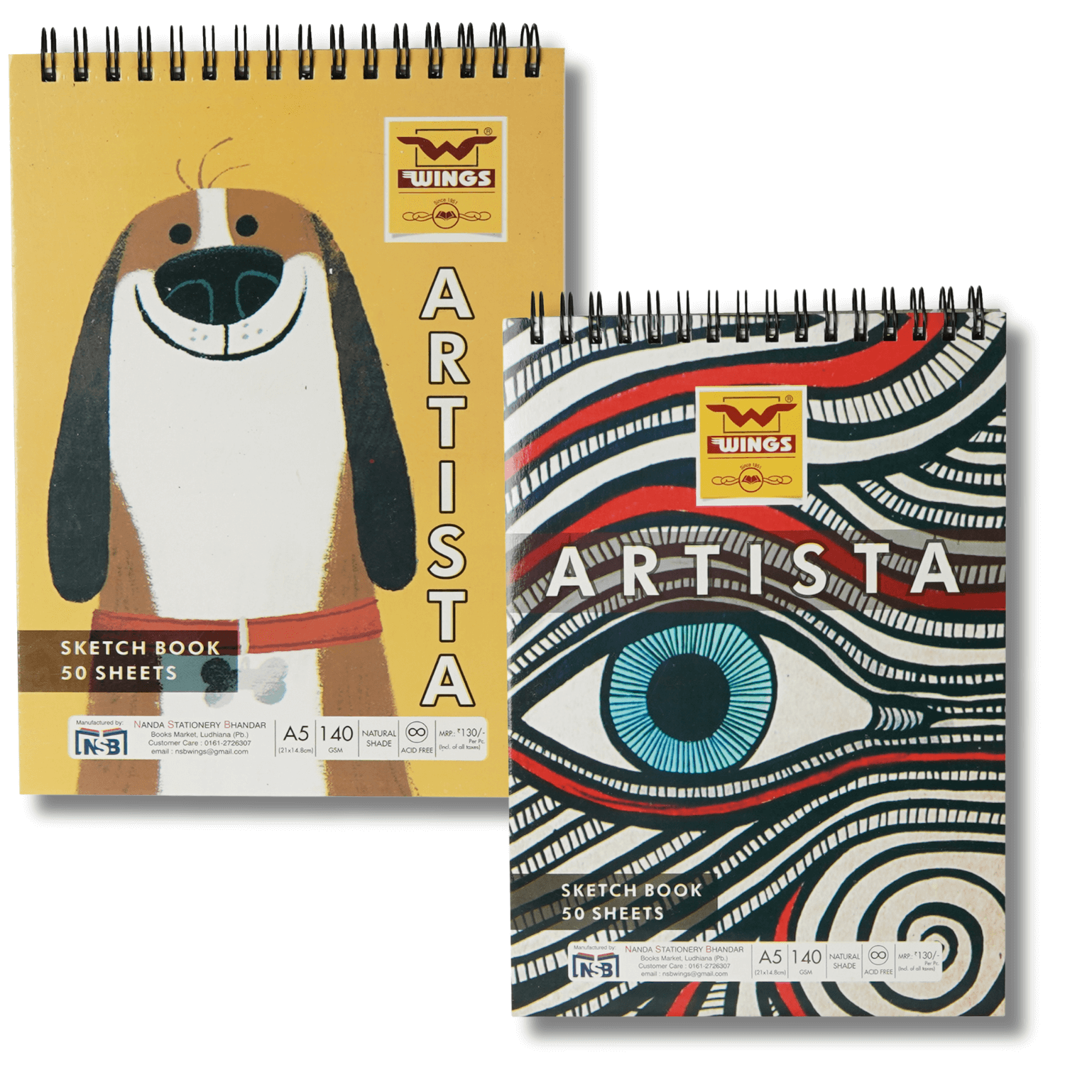 Wings ARTISTA A5 Sketchbook, 140 GSM Spiral-Bound (Set of 2) 50 Sheets Each | Sketching and Drawing Acid-Free Paper, for Doodling, Both Dry and Wet Media (Color - Natural Shade)