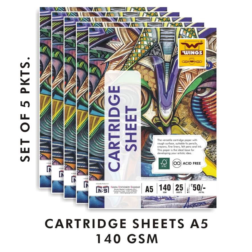 Wings Mixed Media Cartridge Paper Pack of 5- A5 (25 Sheets) 140 GSM for Artists, Ideal for Charcoal, Graphite, Acrylic, Watercolor (A5)…