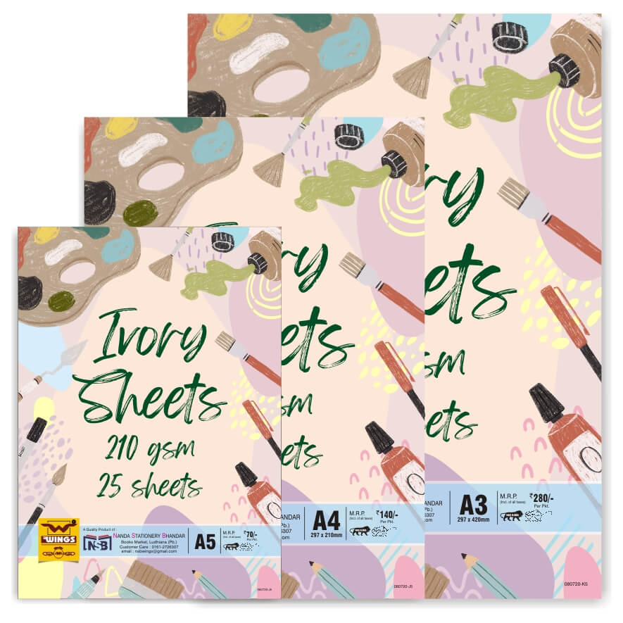 Wings Ivory Sheets Smooth Finish, 210 GSM, for Art, Color Print-Outs, Suitable for Both Dry and Wet Media and Craft, White, (25 Sheets per Pack) (A3-A4-A5)…